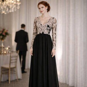Soieblu Maxi Dress Black & Champagne Lace Dress Sheer Overlay M